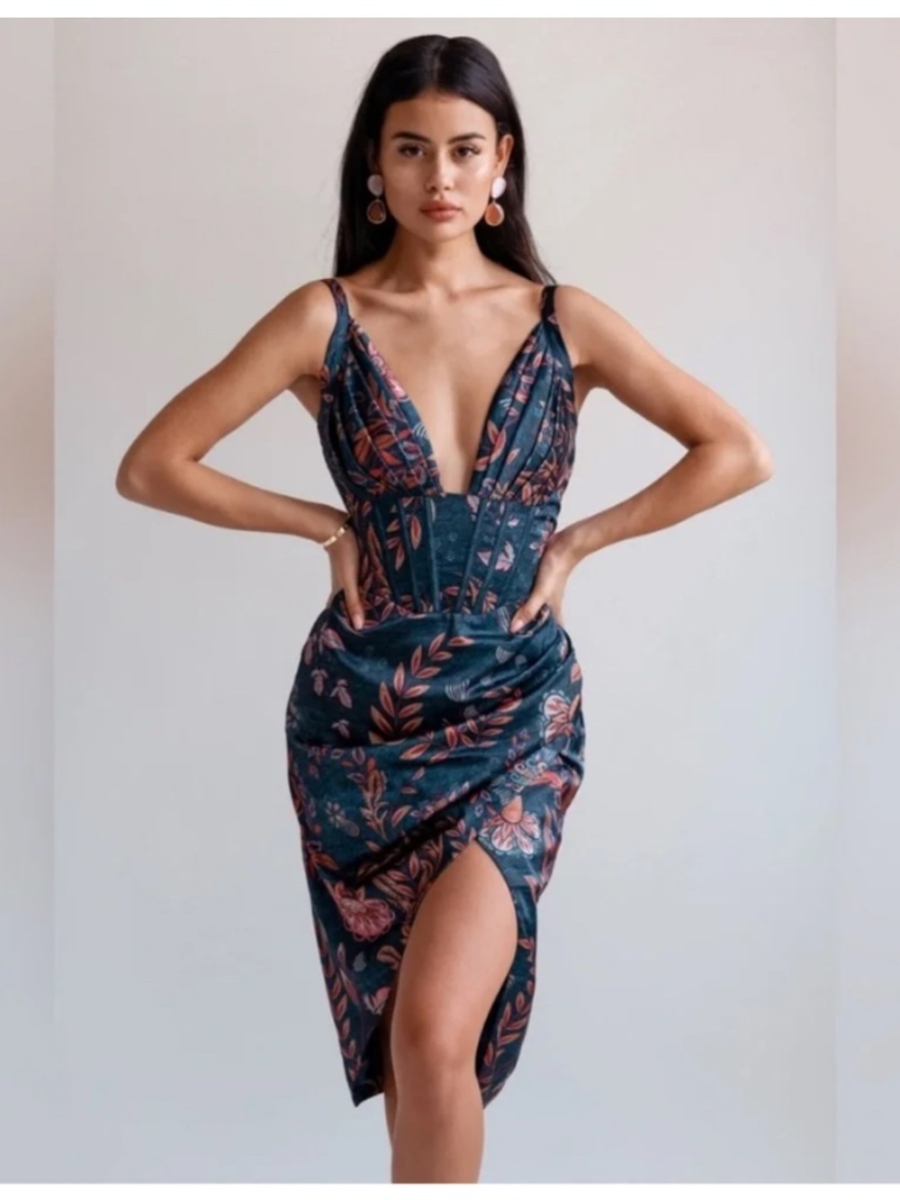 NWT Averie Halley Draped Corseted Midi Dress Floral Sz XXL